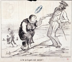 Cartoon about tourists on vacation. Series “At Sea Baths: “The flood that carried it back frightening!” Engraving by Honore Daumier. Extract from the newspaper “Le Charivari” by Honoré Daumier