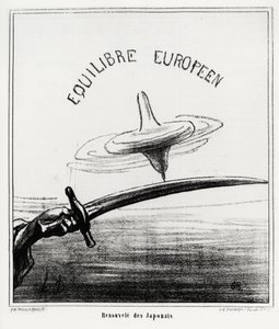 European Balance: Japanese Revival. Just After the Restoration of the Imperial Regime in Japan, Following the Resignation of the Tokugawa Shogunate in November 1867. Illustration by Honore Daumier, Published in the News, 