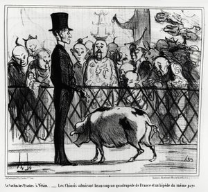 The Garden of Plants in Peking: The Chinese Admiring a Quadruped of France and a Beep of the Same Country. Illustration by Honore Daumier, Published in Charivari, China Actualites