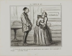 "- I am not afraid for me, but if I think of poor Azor who will perish on the 13th of June... it simply breaks my heart," plate 8 from The Comet of 1857 by Honoré Victorin Daumier