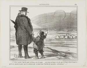 I want to go on this ship with you at once, Papa, my nanny said that the deluge will come again, and the only ones who will be saved, will be the animals on the ark of Mr. Leviathan!, plate 484 from Actualités by Honoré Victorin Daumier