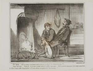 "- Now what? Are we going to continue hunting during the rain? - Not at all! The animals are just as afraid of the rain as we are. They might not be able to find this shelter, and we would end up losing too many of them!", plate 5 from Croquis De Chasse by Honoré Victorin Daumier