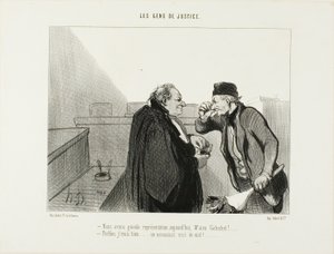 "- Should be a great performance today, Mr.Galuchet... - I should think so... A murder case with a rape thrown in...," plate 31 from Les Gens De Justice by Honoré Victorin Daumier