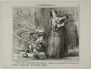 Taken by Her Operetta Part, Madame de St. Chalumeau is Shouting So Loud That She Does Not Notice the Bellowing of Her Child, plate 13 from The Amateur Actors by Honoré Victorin Daumier