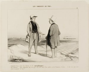 “- What do you mean, there are soon going to be air trains? - But of course, Monsieur... you see, it will then be very easy to establish a connection between Dover and Calais... but of course, the project is still suspended in air,” plate 14 from The Railr by Honoré Victorin Daumier
