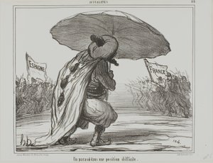 An Umbrella in a Difficult Position, plate 119 from Actualités by Honoré Victorin Daumier