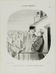 "I am living a little high up... but at least I am enjoying a beautiful view," Plate 8 from Les Bons Bourgeois