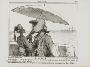 In Tangiers. "- Sublime Majesty... the Spanish are coming... in order to frighten them off I took the liberty to fully open your umbrella as a sign of your greatness! - Leave me alone with my umbrella, Belboul.... I would rather like to have an umbrella pr