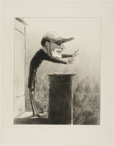 Jules de L (also known as Lasteyrie the Argand lamp). Former member of the opposition, now enemy of the light... blinded by the sudden appearance of the sun of the Republic, Jules de Lasteyrie now wears the eye-shade of the Constitutionnel, plate 33 by Honoré Victorin Daumier