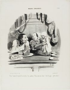 "Look! See how his eyes are on the saveloys and the ham." Plate 51 from Moeurs Conjugales by Honoré Victorin Daumier