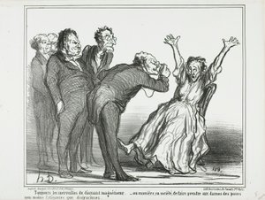 More marvels from the diamond hypnotist. Or, how to make the ladies pose in society in exhausting and not very gracious positions, plate 137 from Actualités by Honoré Victorin Daumier