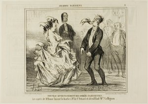 New Entertainment at the Parisian Evening Parties. The spirit of Mr. Hume shaving the beard of Monsieur de St. Potard and undoing the hair of Madame Coffignon, plate 8 from Ces Bons Parisiens by Honoré Victorin Daumier