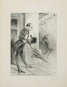 New patented umbrella, with an improved spring system, to swiftly open at the slightest touch, plate 33 from Émotions Parisiennes by Honoré Victorin Daumier