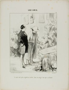 The husband wants him to look at his hot-bed, the friend only dreams of seeing his wife, plate 3 from Les Amis by Honoré Victorin Daumier