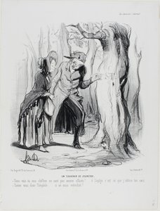 Youthful Memories. "- You see our letters have not yet been erased... oh Sophie, it was here that I gained your heart. - Hold your tongue now, Théophile.... if someone should hear us!," plate 49 from Married Life by Honoré Victorin Daumier