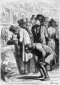 A Room of the Hotel Drouot, a Day of Exhibition. Cartoon by Honore Daumier. Engraving in Le Monde Illustré n°265 of 10 May 1862