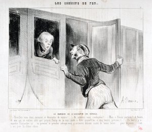 Artwork by Honore Daumier (1808-1879). Charivari dates from 1843: Serie LES RAILWAYS The danger of falling asleep on a journey -Wake up Sir and get off the car! - Where are we driving? - But Rouen parbleu! - In Rouen and I who only wanted to go to Poiss by Honoré Daumier