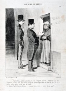 Artwork by Honore Daumier (1808-1879). Charivari dates from 1845: Serie LES PEANS DE JUSTICE -... and speaking at his doorway so declared, has meant to him that he had to obey the said summation, otherwise and failing to do so that he will be forced to by Honoré Daumier