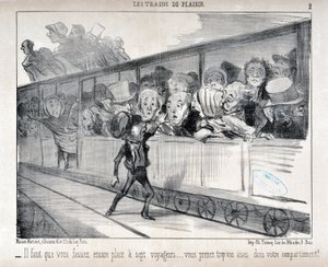 Artwork by Honore Daumier (1808-1879). Charivari dates from 1852: Serie LES TRAINS DE PLEASURE - You have to make room for seven passengers... you