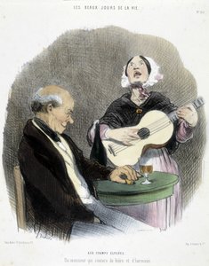 Man drinking in the company of a singer - in Les Beaux Days de la vie by Honoré Daumier by Honoré Daumier