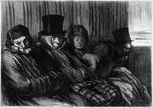Pleasure Trains: 10 Degrees of Boredom and Bad Mood. Cartoon by Honore Daumier. Engraving in Le Monde Illustré n°249 of January 18