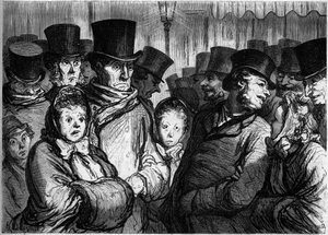 Temple Boulevard at midnight. Left, people coming out of the drama. Right, people leaving the funambules. Engraving in 
