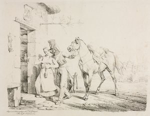 A Hussar Embracing a Servant by Emile Jean Horace Vernet