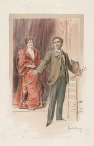 An artist stands with his palette as a woman stands in the background