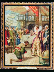 Queen Elizabeth I knights Francis Drake, illustration from 