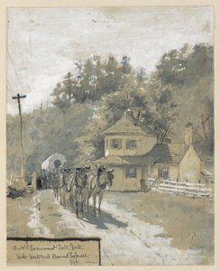 An Old Government Toll Gate with Westward Bound Express, drawing of an illustration for the article "The Old National Pike," by William Henry Rideing by Howard Pyle