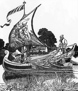 Arthurian Legend: The barge of the dead brings King Arthur