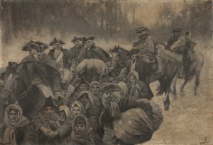 Five Red Coated Soldiers on Horseback, with Another Cloaked to the Eyes...Clustering About These, a Motley Score of Poor People, Young and Old