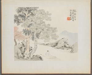 Album of Landscape Paintings Illustrating Old Poems: Three Big Trees, a Stream with an Old Man Sitting on the Bank