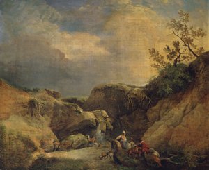 A Rocky Wooded Landscape with Travellers Conversing by a Waterfall