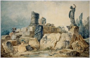 Two Young Women Drawing the Ruins of Rome by Hubert (circle of) Robert