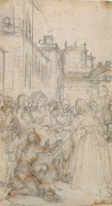 Literary Illustration with Group of Figures Pleading with Man
