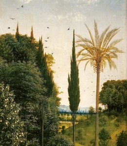 The Pilgrims guided by St. Christopher, from the right hand side of the Ghent Altarpiece (detail)