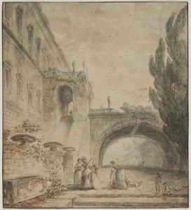 A Palace with an Arched Bridge (A Roman Villa) by Hubert Robert