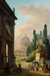 Mont Cavallo Statue and View of the Imaginary Roman Landscape with the Chapel by Hubert Robert