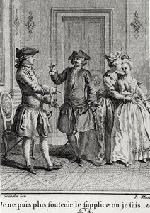 I cannot bear the torments here any more where I am, illustration for Eugenie by Beaumarchais, engraved by Louis Joseph Masquelier