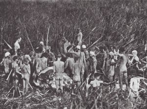 Nuer hunters with body of elephant by Hugo Adolf Bernatzik