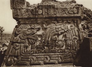 Mexico: Xochicalco, Part of the pyramid with serpent and hieroglyphs by Hugo Brehme