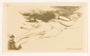 Reclining Nude Woman with Mirror by Huib Luns