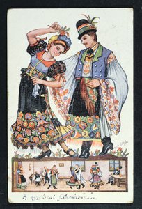 Postcard depicting a Hungarian couple dancing a traditional dance, 1943
