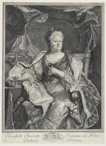 Elizabeth Charlotte Palatine of the Rhine, Duchess of Orleans, engraved by Charles Louis Simmoneau by Hyacinthe Francois Rigaud