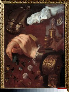 Study of Crossed Hands, Fabrics, Flowers, Bell, Sword. Painting by Hyacinthe Rigaud (1659-1743)