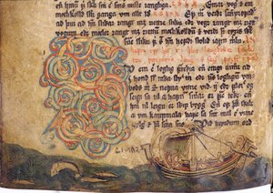 Historiated initial S, from a copy of the original 13th century Jonsbok law collection by Icelandic School