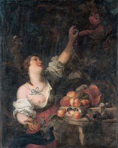 A woman picking grapes and a putto by a Classical pedestal adorned with fruit