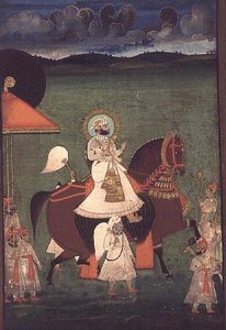 Rana Sarup Singh (1842-61) of Mewar rides upon a chestnut stallion, his retainers on foot carry sunshades and royal accoutrements, Udaipur, c.1855 by Indian School