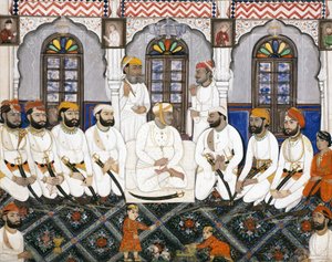 A Jaipur raja dressed for worship in durbar by Indian School